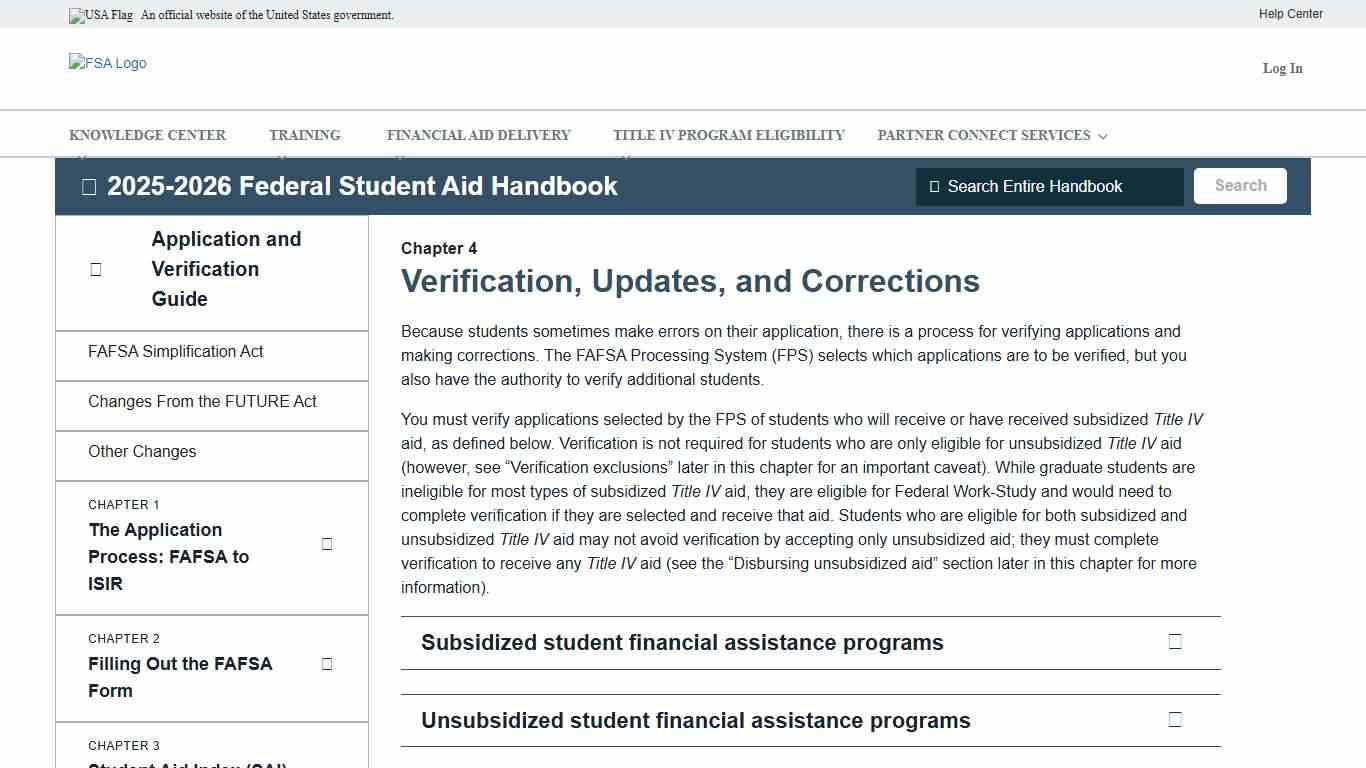 Verification, Updates, and Corrections 2025-2026 Federal Student Aid Handbook